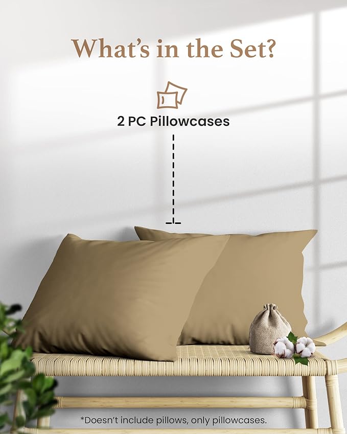 1000 TC Taupe King Pillowcases Set of 2 100% Egyptian Cotton Pillow Cases with Long Staple Cotton & Sateen Weave, Silky Soft Hotel - Like Bed Pillow Covers for Comfy Sleeping, Snug Fit