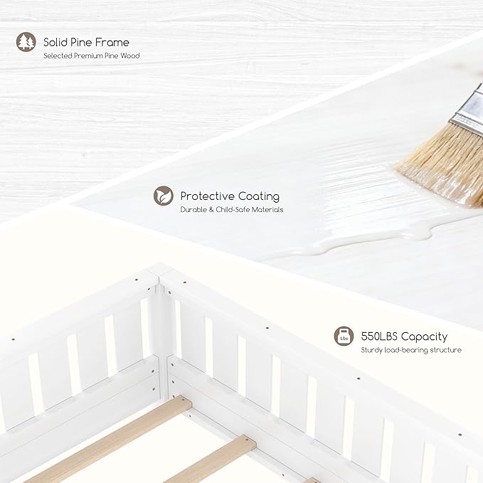 Bellemave Queen Floor Bed Frame with Fence & Bookshelf, Solid Pinewood Montessori Floor Bed Frame Queen with Slats Load 550LBS, Low Floor Bed for Kids, Bedroom, Nursery, Easy Assembly, White