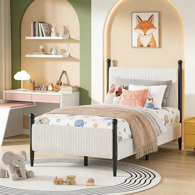 Garvee Twin Size Upholstered Bed Frame - with Velvet Headboard, Soft Corduroy Fabric Platform with Wooden Slats Support & Heavy Duty Feet, No Box Spring Needed, Noise Free, Easy Assembly, White