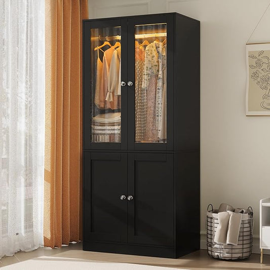 VOWNER 75" Tall Armoire Wardrobe Closet with Drawers & Lights, Clothing Storage Cabinet with 2 Glass Doors & Hanging Rod, Wooden Armoire Storage Cabinet for Bedroom (Black, 75''H)