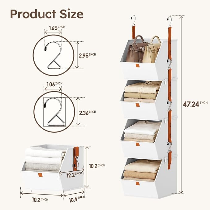 Homsorout Collapsible Hanging Closet Organizer - 3 Tier Closet Shelves Storage System with Hooks, Fabric Hanging Storage Bins for Clothes, Foldable Storage Basket for Laundry, Bedroom, Rv, White
