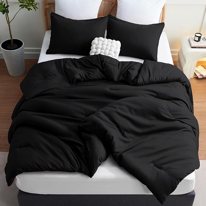 CozyLux Super King Plus Comforter Set Black, 3 Pieces 128x120 Solid Breathable Quilted Bedding Sets for All Season, Luxury Lightweight Soft Bed Set with Down Alternative Comforter and 2 Pillowcases