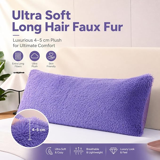 Reafort Luxury Faux Fur Body Pillow Cover 21" x 54", Long Hair PV Plush Body Pillow Case with Hidden Zipper Closure, Ultra Soft Fluffy Decorative Long Pillow Cover (Lilac, Body)