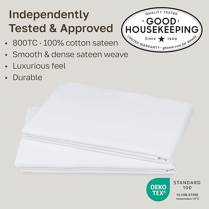 Heirloom Soft, Smooth & Thick Certified 800 Thread Count 100% Cotton Sateen, 2 White Standard Pillowcases Fits Standard & Queen Size Pillows (Bright White)