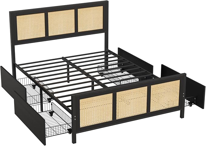 GarveeHome Black Rattan Bed Frame with Headboard, Boho Cane Platform Queen Bed Frame with 4 Drawers, Strong Metal Slats Support, Noise Free, No Box Spring Needed