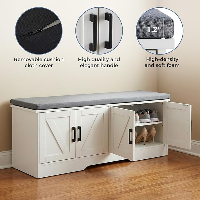 DUMOS Storage Bench, Shoe Organizer Cabinet with Thickened Padded Seat Cushion, Entryway Bench with 2 Doors & Adjustable Shelf for Hallway, Bedroom, Living Room, 28 inch, White