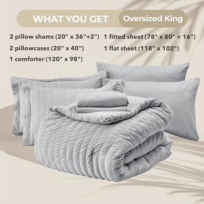 HYMOKEGE Light Grey Oversized King Comforter Set Seersucker 7 Pieces, All Season Luxury Bed in a Bag for Bedroom, Bedding Set with Comforter, Sheets, Pillowcases & Shams