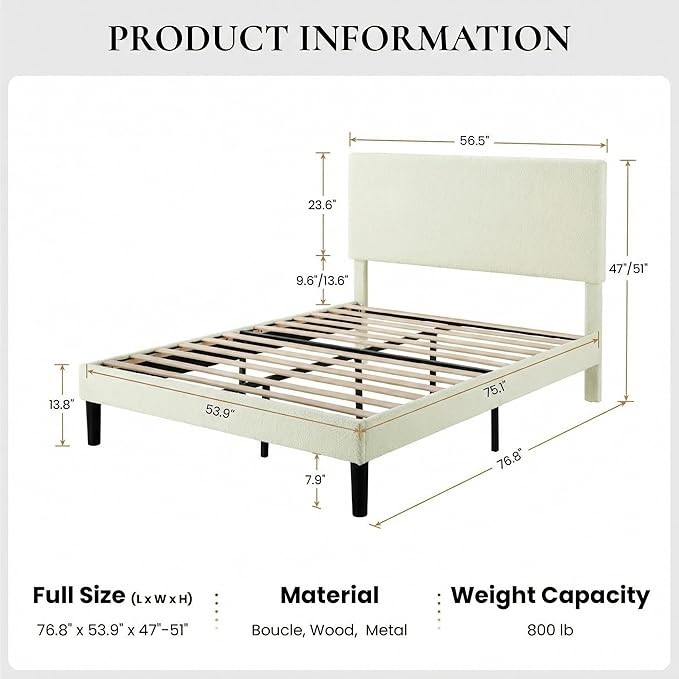 SHA CERLIN Full Size Platform Bed Frame with Adjustable Headboard and Wooden Slats Support, Boucle Upholstered Mattress Foundation, No Box Spring Needed, Easy Assembly, Soft Cream