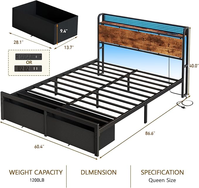 Furnulem Queen Size Bed Frame with Headboard Storage, Platform Bed Frame Queen Size with 2 Drawers, Charging Station and LED Lights, No Box Spring Needed, Noise Free, Easy Assembly (1200 lbs Capacity)