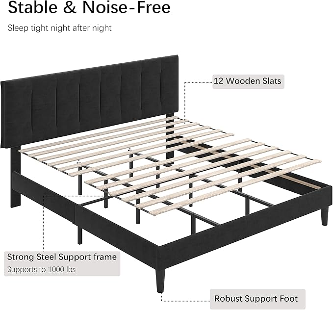 VECELO King Size Bed Frame with Upholstered Headboard, Heavy-Duty Bedframe with Strong Wooden Slats Support, No Boxing Spring Needed, Velvet & Black