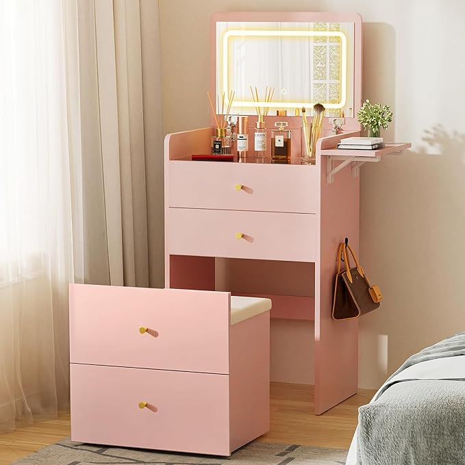 COMHOMA Makeup Vanity Desk with Mirror and Lights, Small 3 in 1 Vanity Table with Visible Glass Top, Flip Top & 3 Drawers, Compact Dresser with Storage Stool for Bedroom, Office or Nightstand
