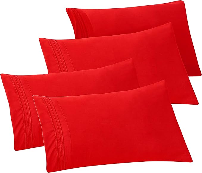 Elegant Comfort 4-PACK Solid Pillowcases 1500 Premium Hotel Quality Microfiber - Smooth Weave, Wrinkle and Stain Resistant, Easy Slip-On, 4-Piece Set, Standard/Queen Pillowcase, Red