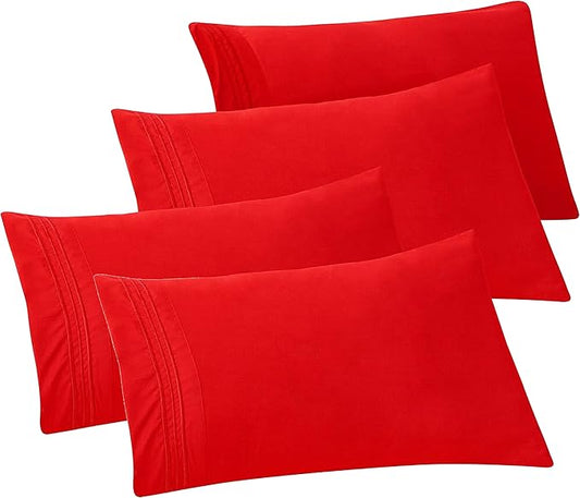 Elegant Comfort 4-PACK Solid Pillowcases 1500 Premium Hotel Quality Microfiber - Smooth Weave, Wrinkle and Stain Resistant, Easy Slip-On, 4-Piece Set, King Pillowcase, Red