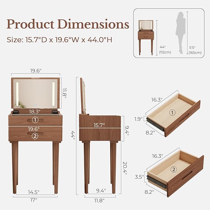 Muwuele Solid Wood Small Vanity Desk with Mirror and Lights, Narrow Makeup Vanity for Small Space, Flip Top Vanity Side Table, 3 Color Modes & Adjustable Brightness, 19.6" Slim Dressing Table, Walnut