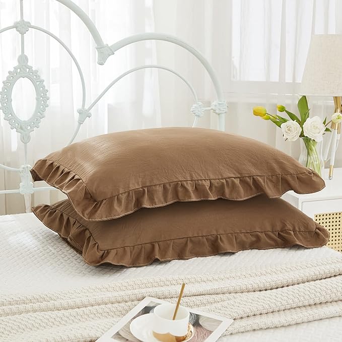 Merryword Brown Pillowcases - King Size Ruffled Shams Set of 2 - Solid Fringe Design - Coffee Brown Shabby Chic - 2 Pack (King (20''x36''))