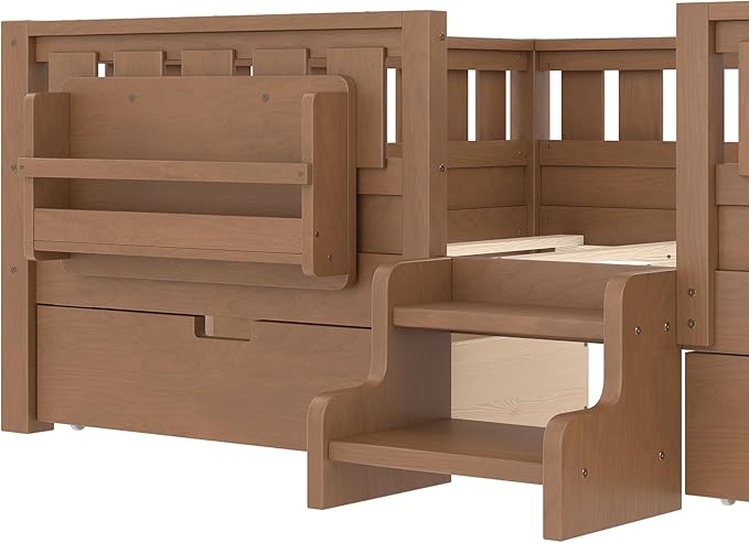 Bellemave Queen Bed with Storage Drawers & Bookshelf, Low Profile Kids Bed Frame with Staircase & Full Length Guardrails, Solid Wood Queen Bed for Kids with Slats Load 550LBS, Easy Assembly, Oak Brown