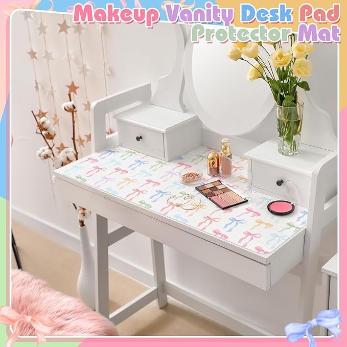 Teenyyou Coquette Bow Makeup Mat for Vanity Top Protector Graduation Gift Dual Side Leather Desk Mouse Pad Girly Waterproof Nonstick Dressing Accessories for Women Home Office(Colorful,15.7"x31.5")