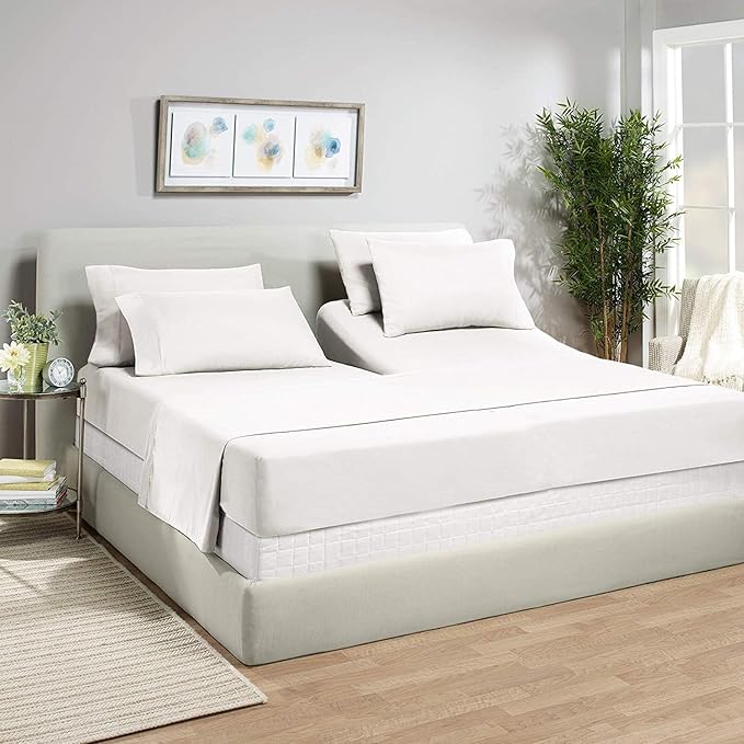 Rajlinen Top Split Head King Sheet Set for Adjustable Beds, Split King Flex Head Sheets, 34 Top Split, 100% Cotton, 16 Deep Pocket, White Solid