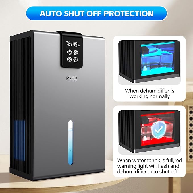 Dehumidifier, Dehumidifiers for Home, 98 OZ Water Tank, (1000 sq.ft) Quiet Dehumidifier for Basement Bathroom Bedroom with Humidity Display, Auto Shut Off, Relaxing 7 Color Ambient Light(Gray)