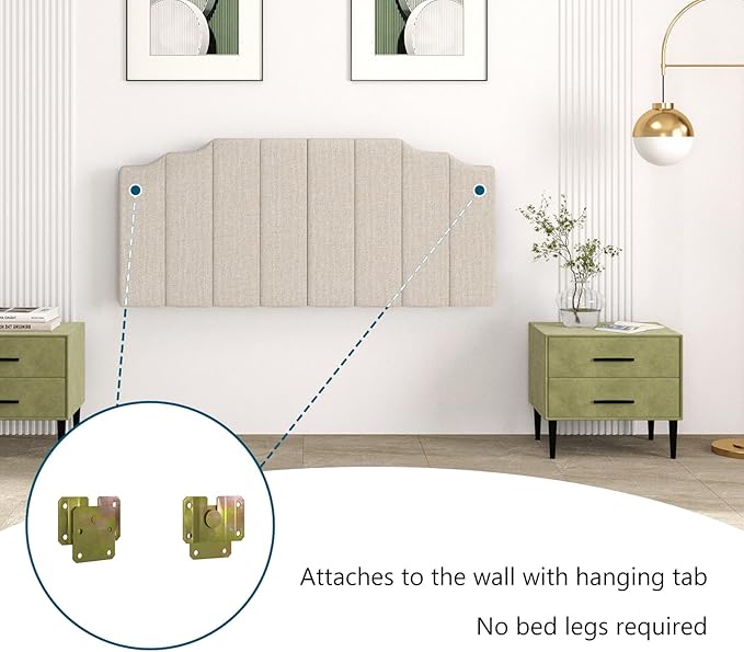 Befurtori Queen Size Headboard Only, Linen Wall Mounted Headboard Queen/Full Size for Adjustable Bed, Modern Vertical Channel Design with Curved Tufted Upholstered Head Board, Beige