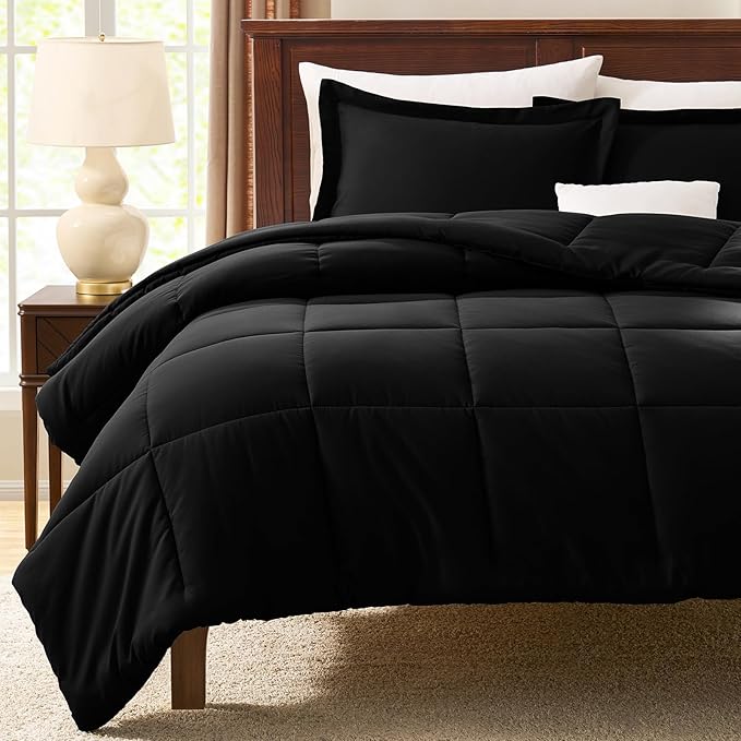 CozyLux King Size Comforter Set - 270GSM Black Bedding Sets for All Seasons, 3 Pieces Box Stitched Bed Set with 1 Down Alternative Comforter and 2 Pillow Shams, Soft, Lightweight, Durable