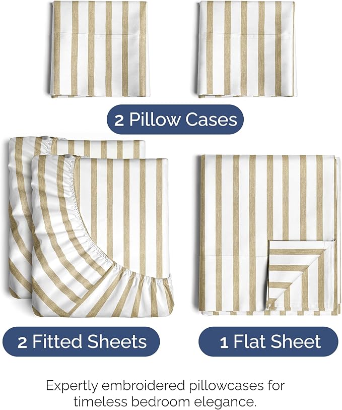 Split King Size 5 Piece Sheet Set - Comfy Breathable & Cooling Sheets - Hotel Luxury Bed Sheets for Women & Men - Deep Pockets, Easy-Fit, Soft & Wrinkle Free Sheets - Beige Stripes Oeko-Tex Bed Sheets