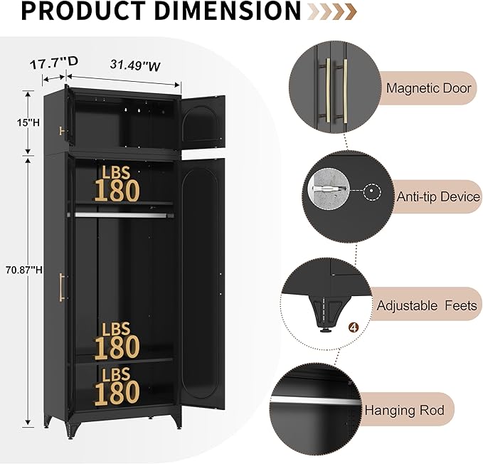 86" Metal Wardrobe Cabinets,Black Armoire Wardrobe Closet with Hanging Rod,Clothes Storage Cabinet with Adjustable Shelves and Doors,Clothing Cabinet for Bedroom, Office, Laundry Room