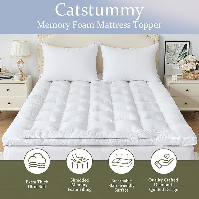 2 Inch Memory Foam Mattress Topper Queen for Back Pain, Extra Soft Pillow Top Mattress Topper, Fluffy Shredded Memory Foam Filled