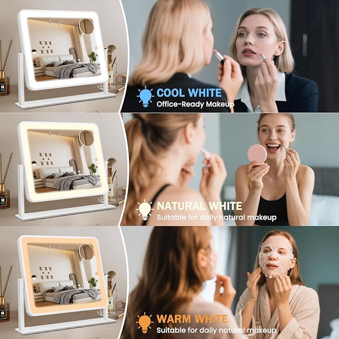 Vanity Mirror with Lights, 14"×12" LED Makeup Mirror, HD Professional Mirror, 10X Magnification, Smart Touch with 3-Color Lighting, Dimmable, 360° Rotation, Lighted Up for Makeup Desk, Bedroom (White)
