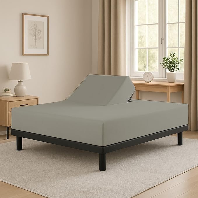 Cottingon 1 Piece Top Split King Fitted Sheet Only for Adjustable beds, Premium 100% Egyptian Cotton, 34 Inches Half Split Flex Head Bottom Sheet for Sleep Number Beds 16" Deep Mattress, Light Grey