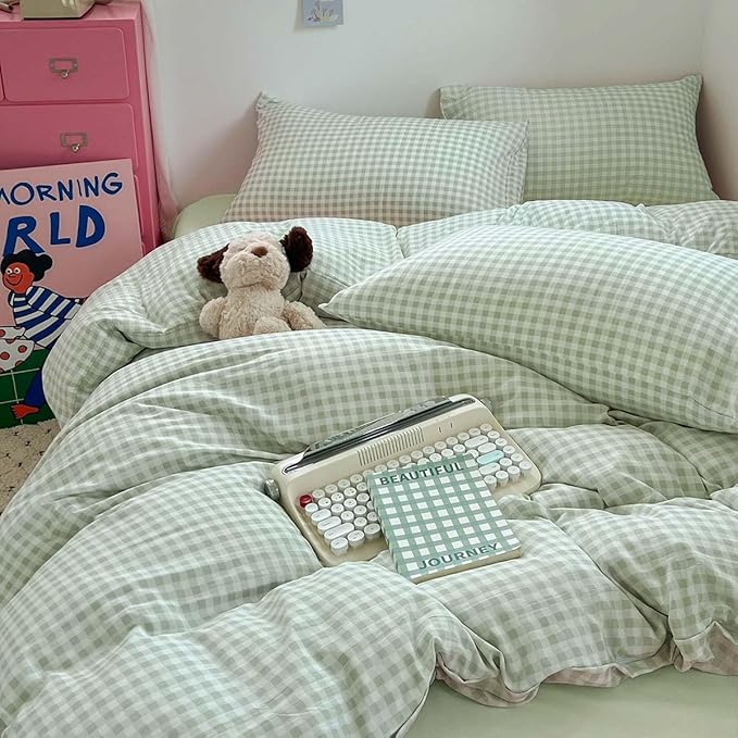 Nayoroom Green Gingham Duvet Cover Full Size Plaid Checkered Duvet Cover Girls Dorm Bedding Set 3 Pieces Soft Lightweight Washed Microfiber Farmhouse Bedding with Pillowcases