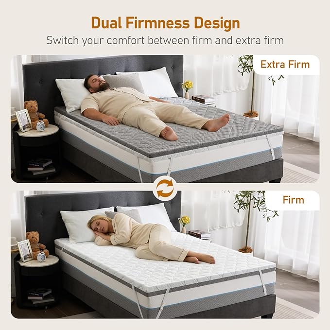 Extra Firm Mattress Topper King: 4 Inch Firm & Extra Firm Dual Side Sleep, High Density Foam Mattress Pad for Back Pain, Washable Anti-Slip Breathable Cover, CertiPUR-US Oeko-Tex Certified 80x76
