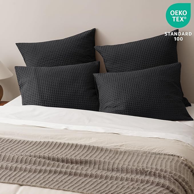 PHF Ultra Soft Waffle Weave Pillow Shams Standard Size, No Insert, 2 Pack 20" x 26" Pillowcases,Breathable & Skin-Friendly Pillow Cases, Stylish Decorative Bed Pillow Cases Covers, Black