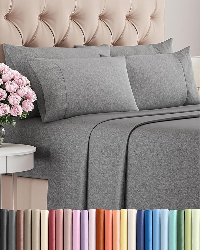 Full 6 Piece Sheet Set - Comfy, Breathable & Cooling - Soft Hotel Luxury Bedding for Women, Men, Kids, Teens and Children - 1 Flat & 1 Fitted Sheet & 4 Pillowcases with Deep Pockets - Heathered Grey