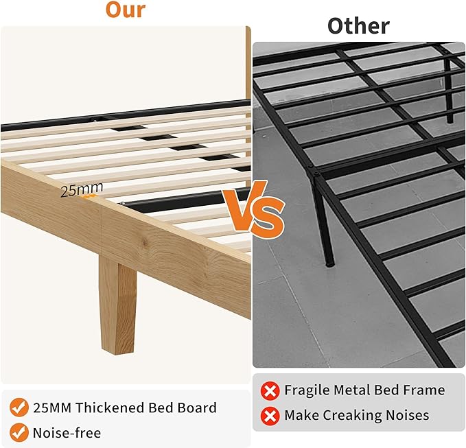 GAOMON Twin Size Rattan Bed Frame, Rattan Bed Frame with LED Light & Natural Headboard, Boho, Storage Space Underneath, Sturdy Wooden Slats Support, No Box Spring Needed