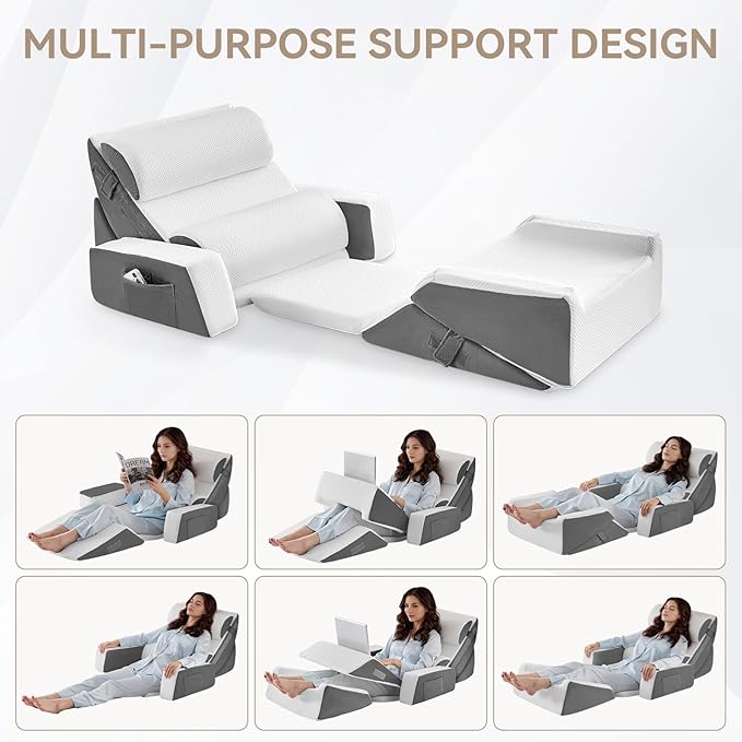 Yojoker 9PCS Orthopedic Bed Wedge Pillow Set for Sleeping, Back and Leg Pain Relief, Post Surgery Foam Pillow for Body, Triangle Adjustable Support Pillow - Acid Reflux Sleeping Pillows Grey