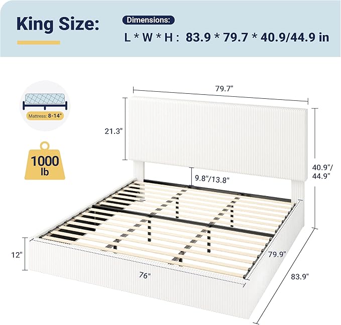 Allewie King Bed Frame, Upholstered Platform Bed, Adjustable Vertical Channel Tufted Headboard, Corduroy Fabric, Modern Low Profile, Wooden Slats, No Box Spring Needed, Easy Assembly, White