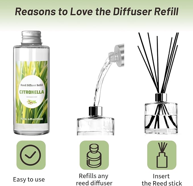 STRN Citronella Reed Diffuser Oil Refill, Citronella Scent 200ML(6.8fl.oz) with 6 Sticks, Air Freshener Long-Lasting Aromatherapy Reed Diffuser Set for Summer Home, Bedroom, Spa, Bathroom