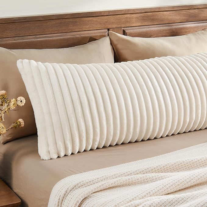BEDELITE Fluffy Faux Fur Body Pillow Cover with Zipper, Luxury Plush 3D Striped Pillow Cover 20x54 Inches, Super Soft and Cozy Long Body Pillow Pillowcase for Bed Sofa Couch Room Decor(Cream White)