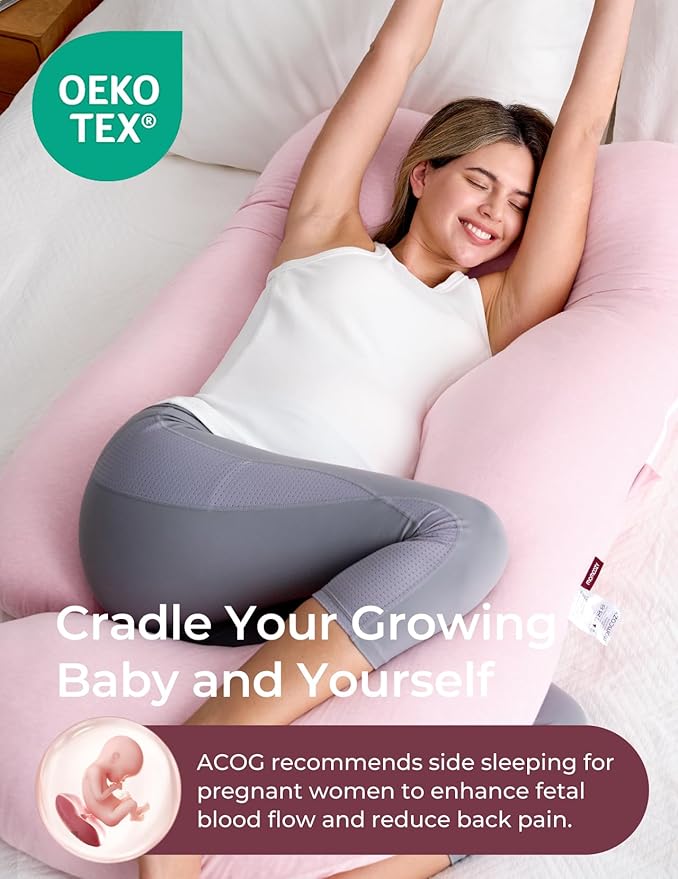 Momcozy Pregnancy Pillows for Sleeping, U Shaped Full Body Maternity Pillow for Side Sleeping - Support for Back, Legs, Belly, HIPS, 57 Inch, Pink