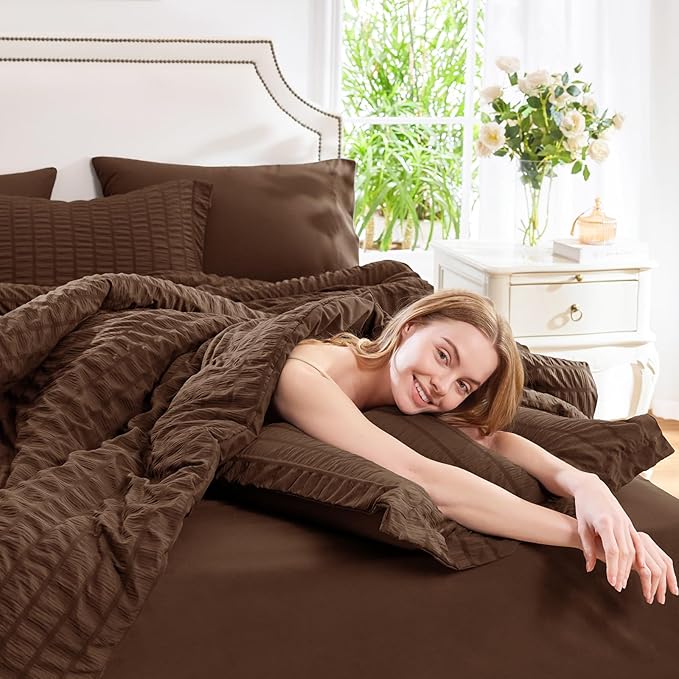 CozyLux California King Comforter Set with Sheets 7 Pieces, Brown Seersucker Bed in a Bag Cal King Luxury Soft Bedding Sets with Down Alternative Comforter, Sheets, Pillowcases & Shams for All Seasons