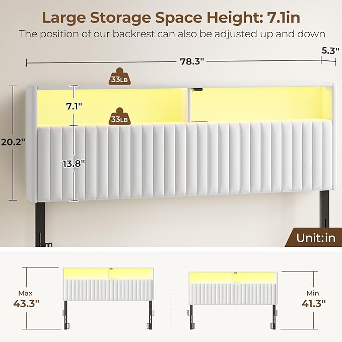 Rolanstar Headboard for King Size Bed with Storage, Head Board with USB & Type C Port, 60,000 DIY Color of LED Light, Velvet Upholstered, Height Adjustable, Sturdy, Easy Assembly, White