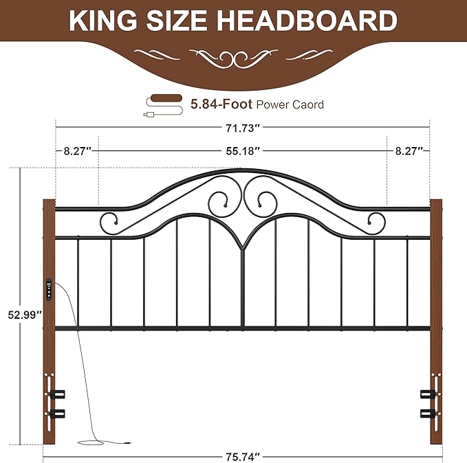 Elephance Headboard for King Size Bed Frame with Charging Station,USB and Type C Ports, Adjustable Height,Vintage Platform Bed King Only, Easy Assembly,Black