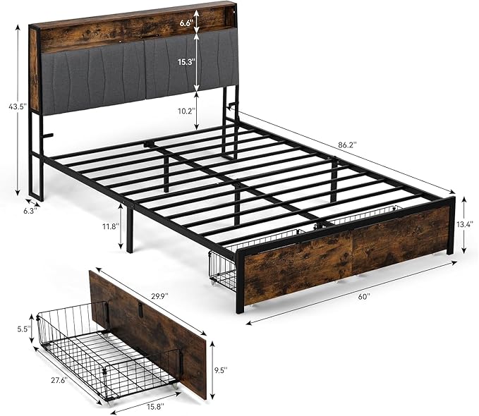 COMHOMA Queen Size Platform Bed Frame with LED Lights and Charging Station, Storage Headboard and Footboard Drawers, No Box Spring Needed, Rustic Wood Look