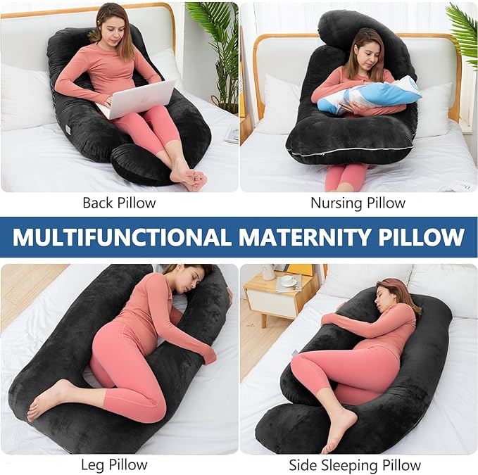 Shredded Memory Foam Body Pillow, Pregnancy Pillows for Sleeping, Maternity Pillow for Pregnant Women, Memory Foam Filling U Shaped Body Pillow with Velvet Cover (Black, 60 inch)