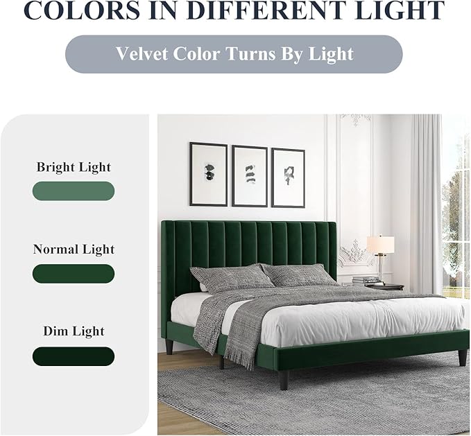 Allewie Queen Bed Frame/Velvet Upholstered Bed Frame with Vertical Channel Tufted Headboard/Strong Wooden Slats/Platform Bed Frame/Mattress Foundation/Box Spring Optional/Easy Assembly/Green
