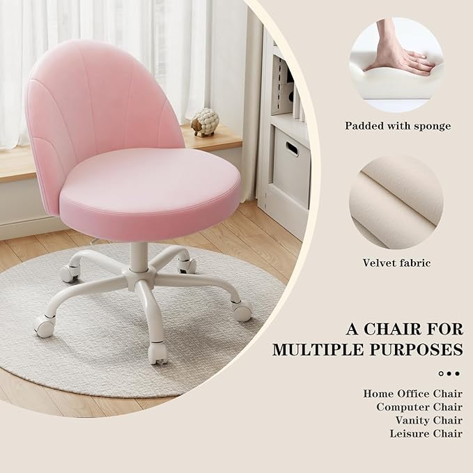 Velvet Vanity Chair with Wheels, Height Adjustable Swivel Makeup Chair, Armless Small Desk Chair for Bedroom/Office/Vanity Table, 250 lbs Capacity (Velvet, Pink)