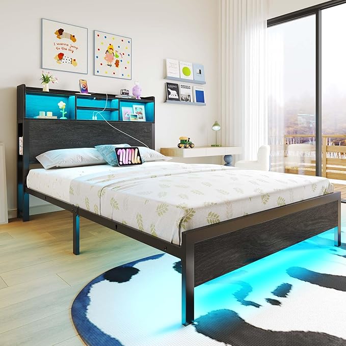 Rolanstar Twin Bed Frame with Storage Headboard & Side Shelf, Metal Platform Bed with Charging Station, LED Single Bed, No Box Spring Needed, Easy Assembly, Black