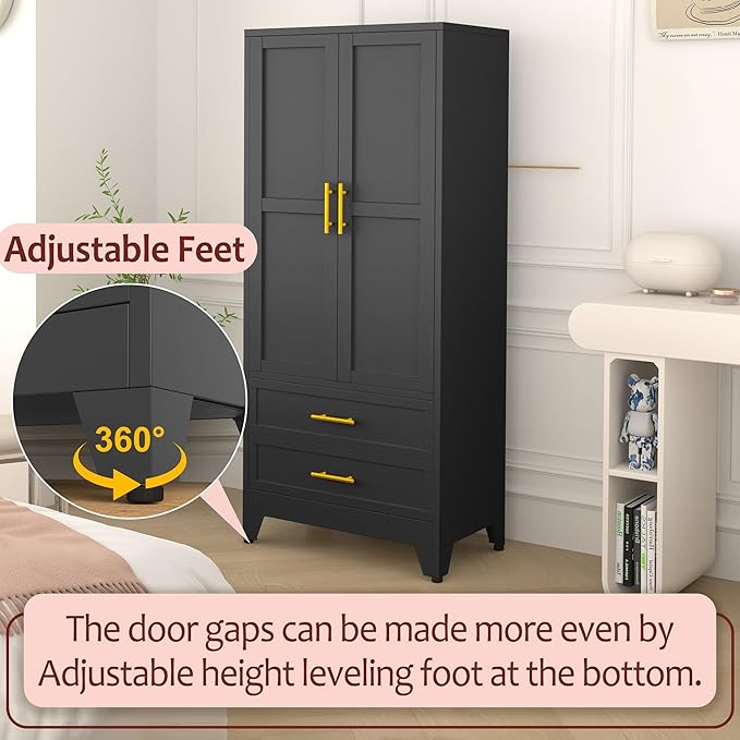 winiowa Metal Armoire Wardrobe Closet with 2 Drawers, 71" Wardrobe Cabinet with Adjustable Shelves and Hanging Rod, Clothing Storage Cabinet Closet for Bedroom-Black