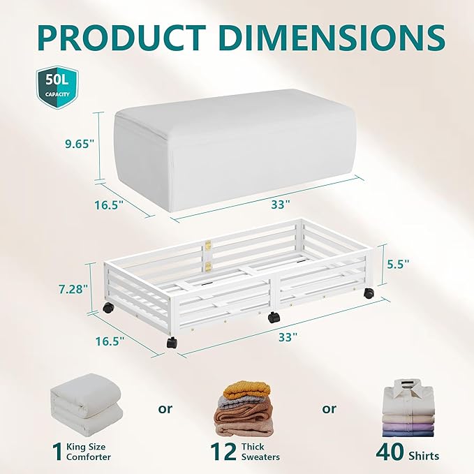 Wisuce Bamboo Under Bed Storage Containers- Underbed Organizer with Wheels with Dust Bag,Sturdy Wood Rolling Under the Bed Shoe Storage Organizer Drawers (White, 2 Pack (33.07"×16.54"))